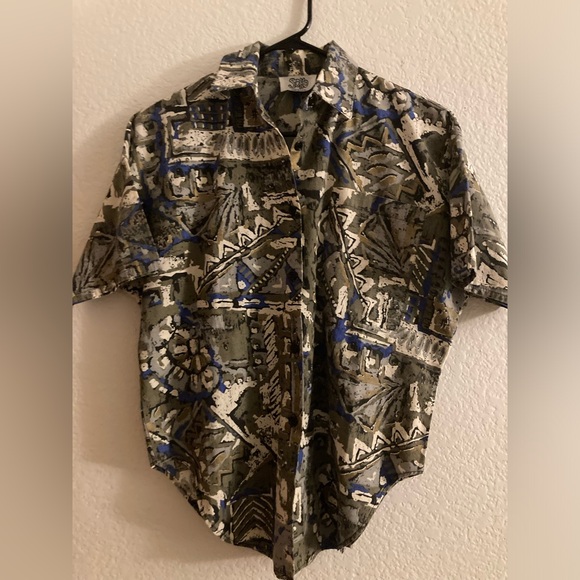 Vtg SOHO 80s Hawaiian Camp Shirt Tribal Button Up Shirt Slit Pocket - Picture 1 of 6